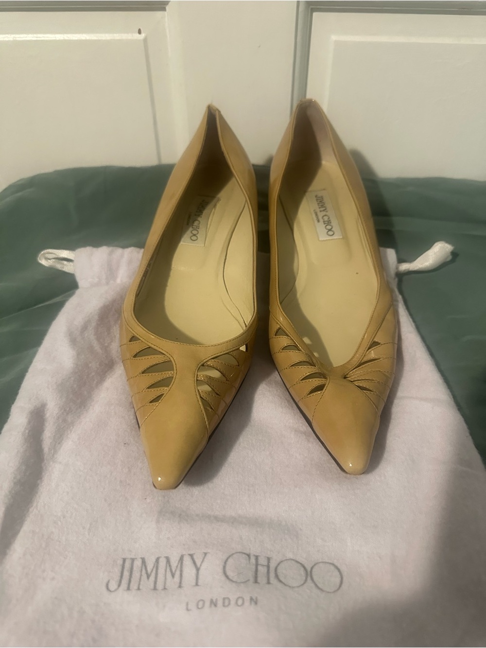 Jimmy Choo Tan Pointed-Toe Leather Flats with Cutout Detail